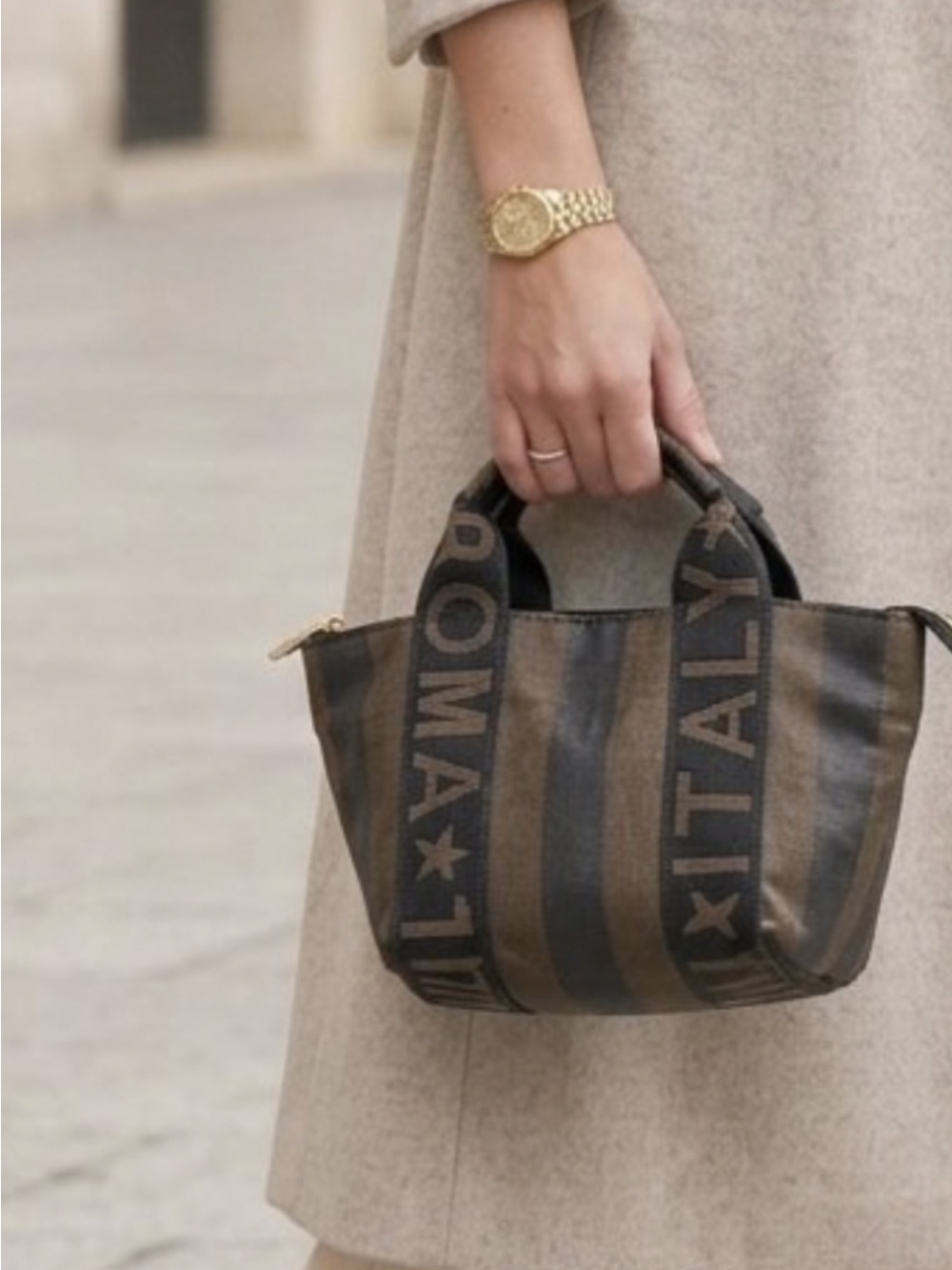 Vintage Fendi Roma Italy Pequin Stripe Mini Tote Bag Brown Black
Logo Handle